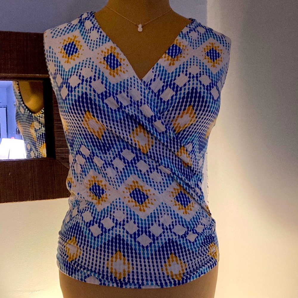 market & spruce sz S geometric print v-neck draped sleeveless tank blue …